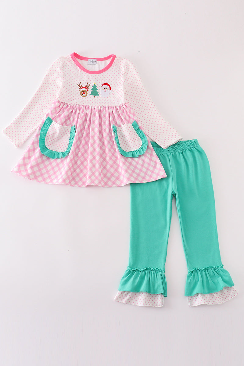 Pink/Teal Classic Christmas Ruffle Pants Set