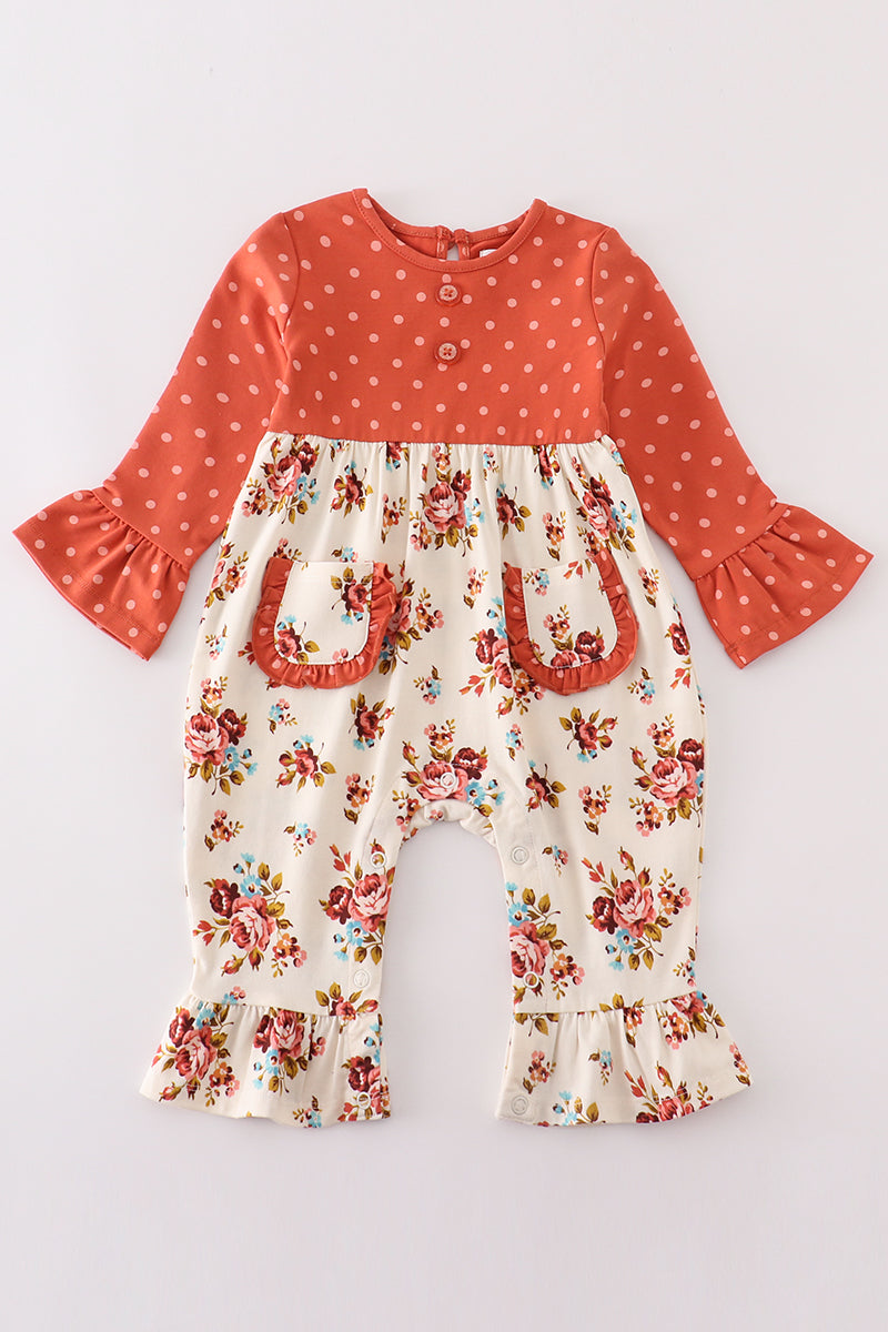 Rust Floral Polka Dot Romper with Pockets