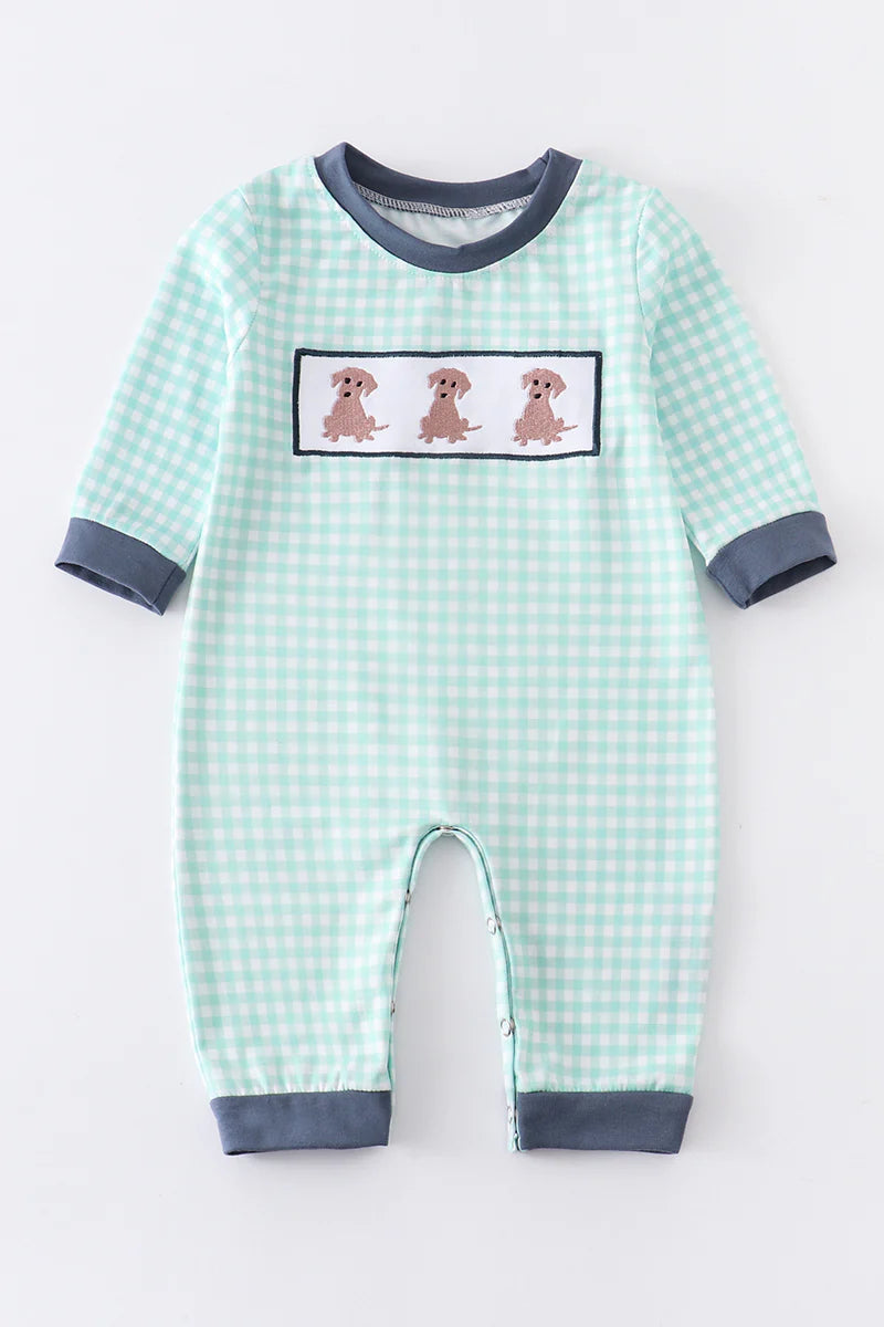 Three Puppy Dogs Green/Blue Checked Romper