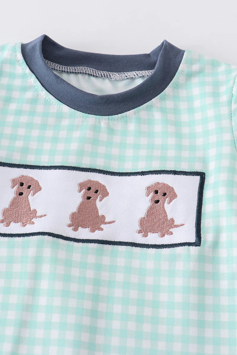 Three Puppy Dogs Green/Blue Checked Romper