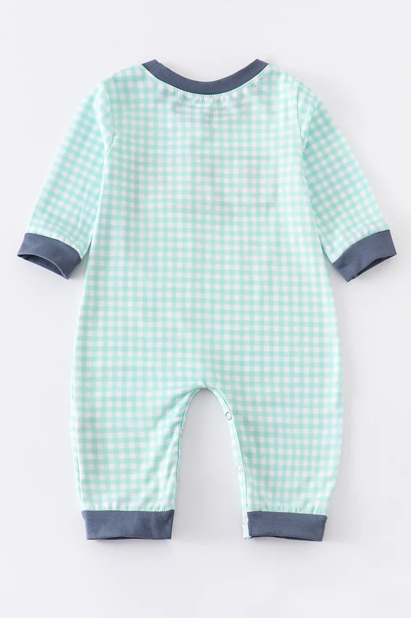 Three Puppy Dogs Green/Blue Checked Romper