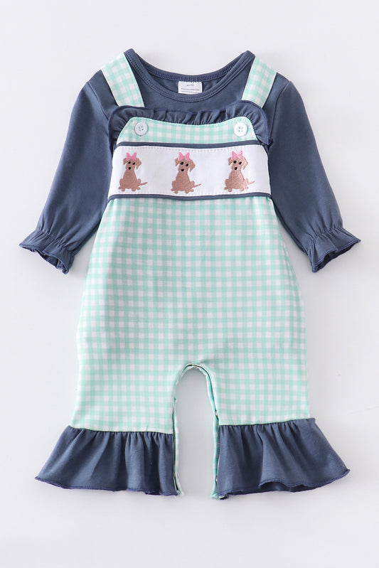 Three Puppy Dogs Green/Blue Checked Ruffle Romper