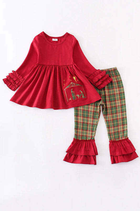 Maroon Nativity Ruffle Girl Set