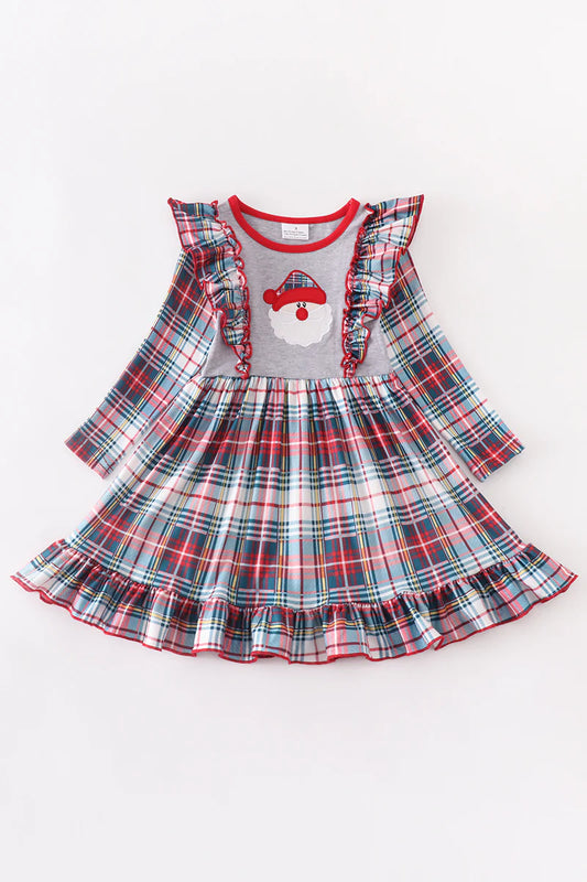 Grey Plaid Santa Ruffle Dress