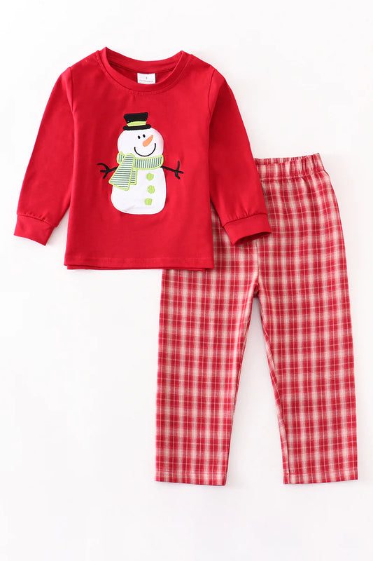 Red Plaid Snowman Pants Set